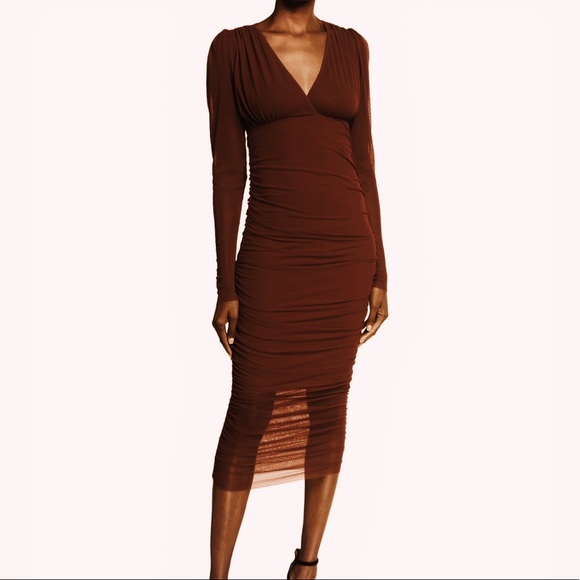 Jean Paul Gaultier Dresses & Skirts - Fuzzi Vintage Long Sleeve Ruched Midi Tulle Mesh Dress in Chocolate Brown